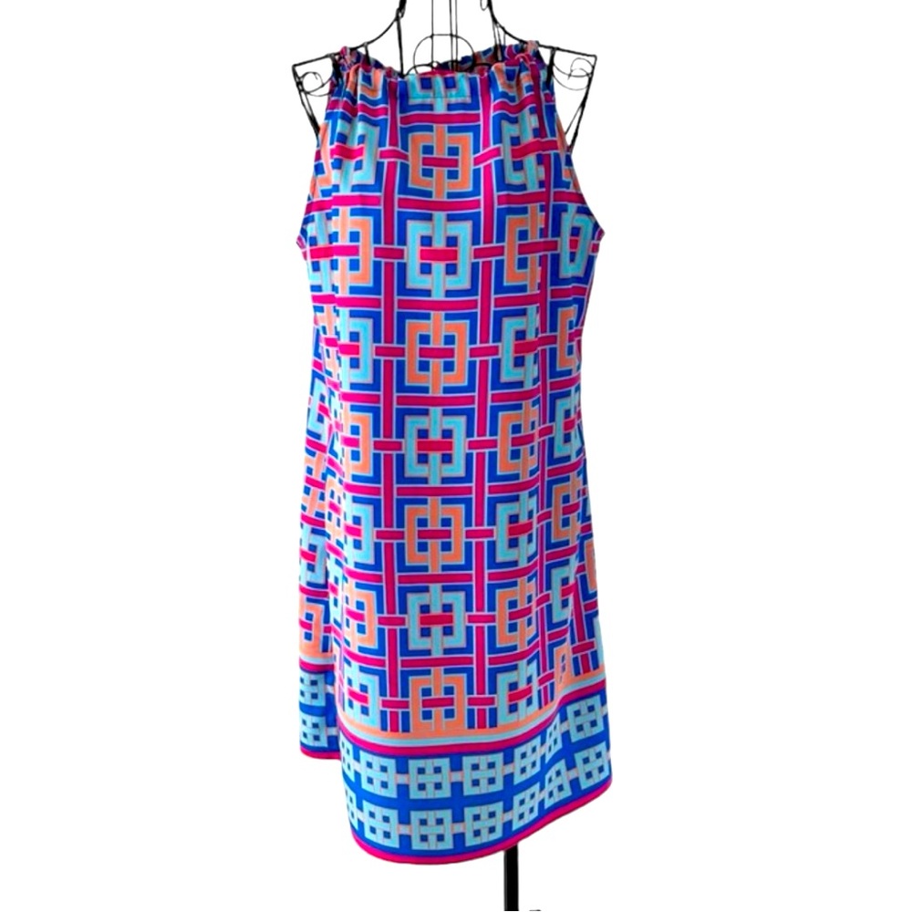 Crown & Ivy pink & blue geometric print halter shift dress. Size Large.